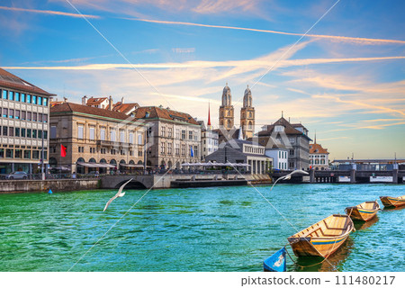 Grossmunster protestant church near the Minster bridge over the Limmat, Z rich, Switzerland 111480217