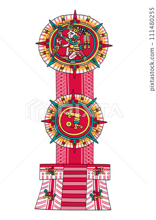 Tonatiuh, Aztec sun god, known as Nahui Ollin, The Fifth Sun, depicted in the center of a solar disc. Below him a second sun disc with his sign ce xochitl, One Flower, as depicted in Codex vaticanus. Tonatiuh, Aztec sun god, known as Nahui Ollin, The Fifth Sun, depicted in the center of a solar disc. Below him a second sun disc with his sign ce xochitl, One Flower, as depicted in Codex vaticanus. 111480255