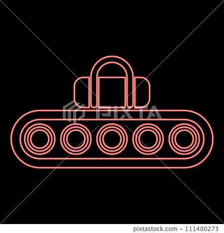 Neon conveyor belt airport tape baggage passengers luggage sport bag production line automated manufacturing red color vector illustration image flat style 111480273