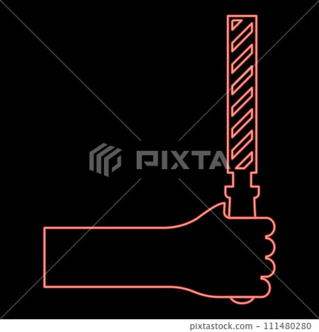 Neon file tool in hand metal rasp in arm use manual instrument equipment for carpentry work red color vector illustration image flat style 111480280