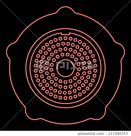 Neon grate for meat grinder plate mincer device for growing shallow of meat lattice with nut screw female screw pawl stop latch holder red color vector illustration image flat style 111480353