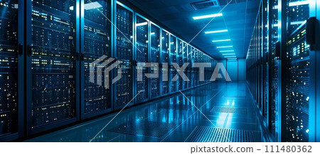 Futuristic server room with blue LED lights. data center digital technology. network and internet infrastructure concept. AI 111480362