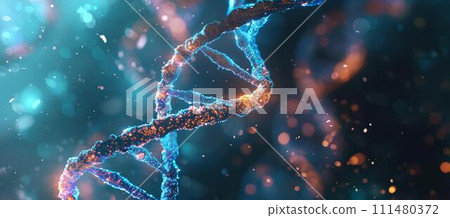 Illuminated DNA strand glowing against a cosmic, starry background. scientific visualization with a futuristic feel. detailed genetics render. AI 111480372