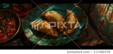 Delicious homemade pastries on a colorful ceramic plate. rustic kitchen vibe. ideal for food blogs and menus. stylish close-up shot. AI Delicious homemade pastries on a colorful ceramic plate. rustic kitchen vibe. ideal for food blogs and menus. stylish close-up shot. AI 111480376