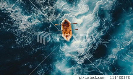 Aerial view of wooden boat on swirling blue waters, nautical adventure scene with rich textures. suitable for wallpaper and background use. AI Aerial view of wooden boat on swirling blue waters, nautical adventure scene with rich textures. suitable for wallpaper and background use. AI 111480378