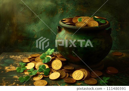Vintage style image of a pot of gold coins with scattered coins and clovers. treasure concept. dark, moody lighting enhances the magical feel. AI 111480391