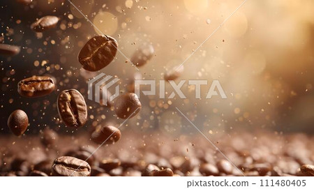Fresh roasted coffee beans suspended in mid-air with golden light. close-up, dynamic, perfect for advertising. enhanced cozy atmosphere. freeze motion capture. AI Fresh roasted coffee beans suspended in mid-air with golden light. close-up, dynamic, perfect for advertising. enhanced cozy atmosphere. freeze motion capture. AI 111480405