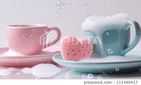 Delightful pastel cups with foamy soap bubbles and a heart-shaped sponge. cleanliness concept with a cozy vibe. perfect for home and lifestyle use. AI 111480417