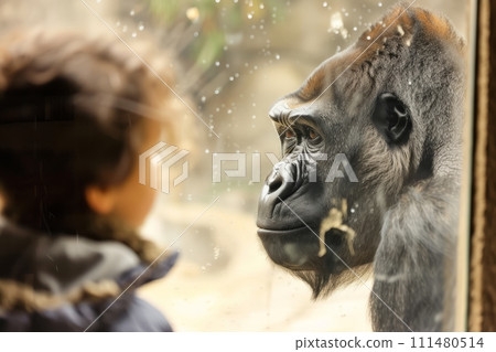 Animals in the zoo, a child looks at the gorilla through the glass 111480514
