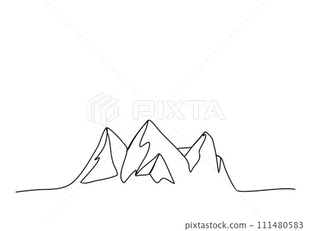 Mountains, one line drawing vector illustration. Mountains, one line drawing vector illustration. 111480583