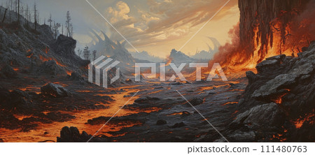 AI-generated content. Apocalyptic Landscape with Lava and Ash 111480763