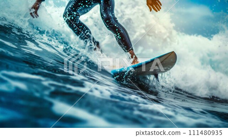 AI-generated content. Surfer Catching the Waves at Sea. Generative ai 111480935