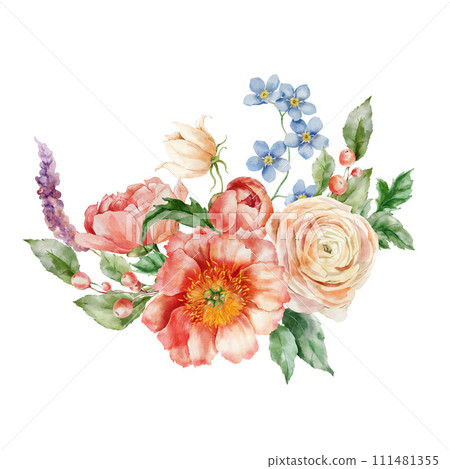 Watercolor bouquet of peonies, forget-me-not, ranunculi and leaves. Hand painted card of floral elements isolated on white background. Holiday flowers Illustration for design, print or background. 111481355