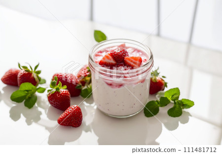 sweet homemade yogurt with strawberry jam and fresh strawberries in a glass cup 111481712