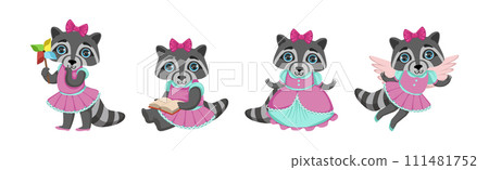 Raccoon Girl Character with Bow and Dress Vector Set 111481752