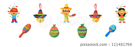 Mexican Boy and Girl at Holiday Celebration Breaking Traditional Pinata Toy Vector Set 111481769