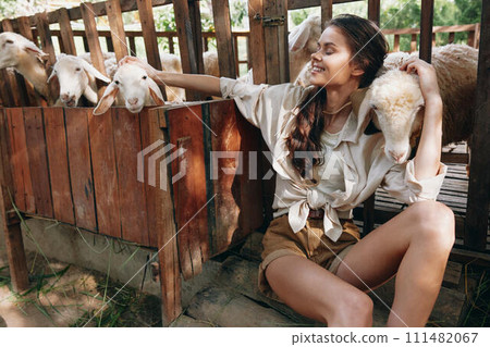 A woman is sitting in front of a fence with sheep in a pen with her hand on the fence A woman is sitting in front of a fence with sheep in a pen with her hand on the fence 111482067
