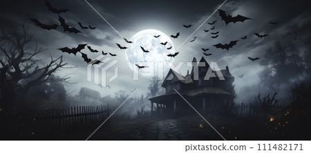 AI-generated content. Spooky Haunted House with Bats Under Full Moon 111482171