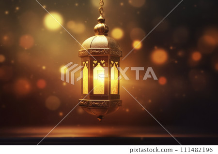 AI-generated content. Arabic Lantern Glowing Against Dark Background 111482196