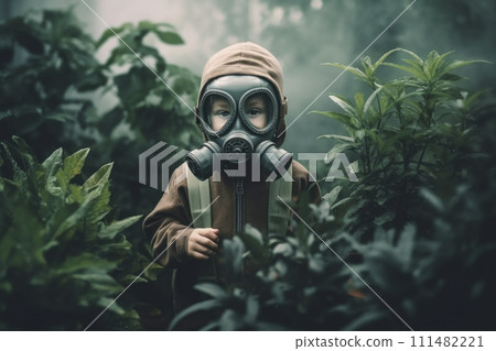 AI-generated content. Child in Gas Mask Among Green Foliage 111482221