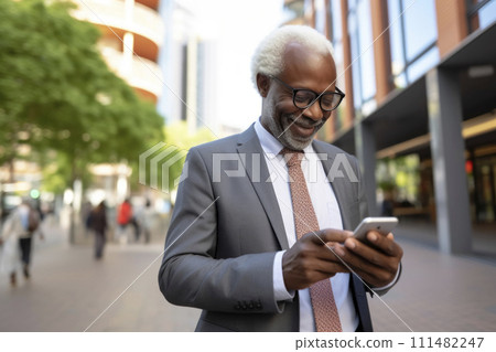 AI-generated content. Smiling Businessman Using Smartphone Outdoors 111482247