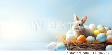 AI-generated content. Easter Bunny with Colorful Eggs in Basket 111482257