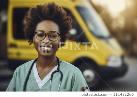 AI-generated content. Confident Female Paramedic in Front of Ambulance 111482266