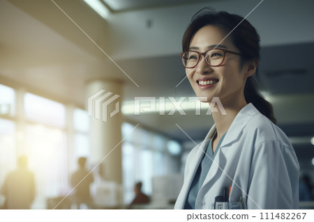 AI-generated content. Smiling Asian Female Doctor in Hospital Corridor 111482267
