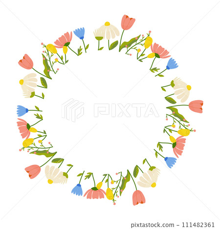 Floral round frame, ornament, spring colors. On white isolated background. For your postcard design, invitations, congratulations 111482361