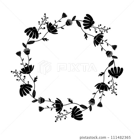 Floral black and white silhouette silhouette round frame, ornament, spring. On white isolated background. 111482365