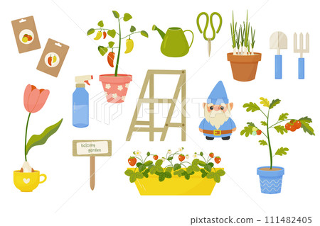 Garden set on balcony. urban gardening, vegetables in pots , spring planting. tomatoes, peppers, stock, onions, seeds. Vector illustration Garden set on balcony. urban gardening, vegetables in pots , spring planting. tomatoes, peppers, stock, onions, seeds. Vector illustration 111482405