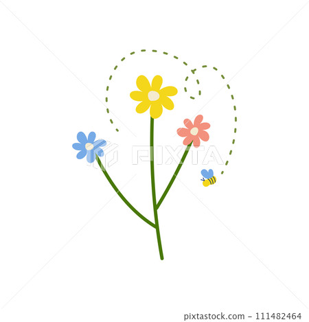 Hand drawn simple flower with bee, spring summer plants on white isolated background Hand drawn simple flower with bee, spring summer plants on white isolated background 111482464