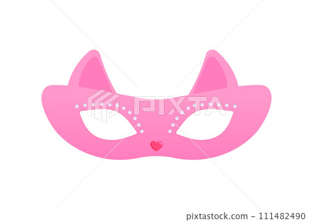 Carnival mask in the shape of a pink cat for carnival, masquerade, purim and mardi gras. On a white isolated background 111482490