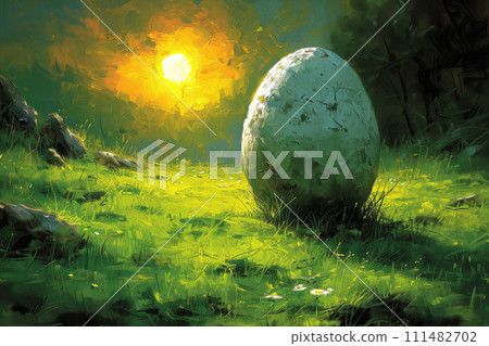 Awaiting Easter's Touch, a Solitary Egg Shimmers, Set Against the Lush Green of Renewal, Watercolor Style 111482702