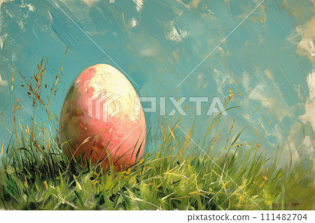Awaiting Easter's Touch, a Solitary Egg Shimmers, Set Against the Lush Green of Renewal, Watercolor Style 111482704