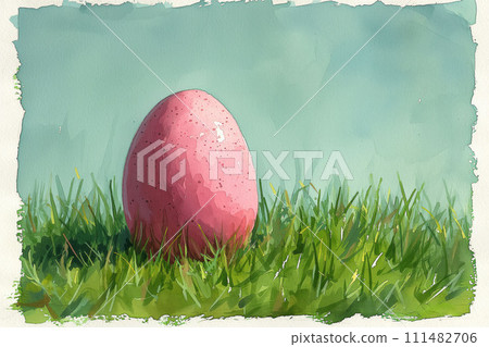 Awaiting Easter's Touch, a Solitary Egg Shimmers, Set Against the Lush Green of Renewal, Watercolor Style 111482706