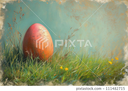 Awaiting Easter's Touch, a Solitary Egg Shimmers, Set Against the Lush Green of Renewal, Watercolor Style 111482715