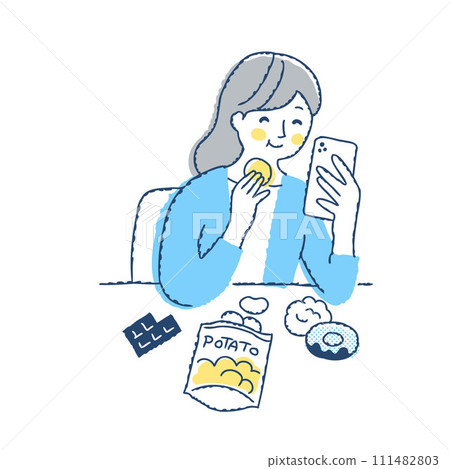 Woman looking at smartphone while eating sweets 111482803