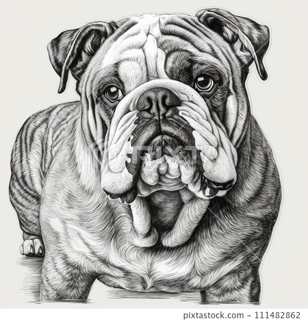 English Bulldog, engraving style, close-up portrait, black and white drawing, cute companion dog, favorite pet 111482862