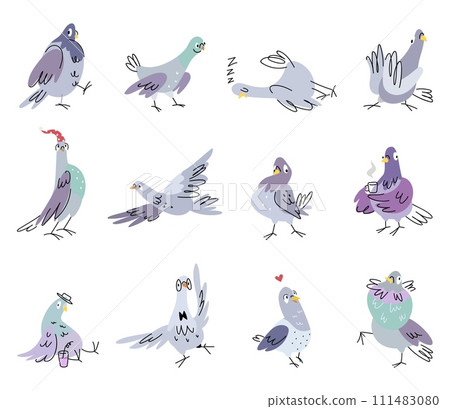Cartoon pigeon. Isolated doodle dove clipart. Funny pigeons in different poses, sleep, drink coffee and fly. Emotional nowaday vector birds characters 111483080