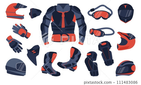 Moto accessories and clothes. Safety elements for motocross sport, bike rider. Isolated helmets, glasses, boots, jacket. Flat decent vector symbols Moto accessories and clothes. Safety elements for motocross sport, bike rider. Isolated helmets, glasses, boots, jacket. Flat decent vector symbols 111483086
