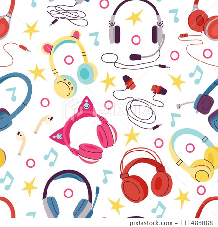 Colorful headphones background. Abstract music seamless pattern with earphones and notes. Musical childish fabric print, decent vector element 111483088