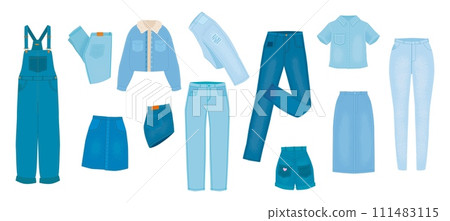 Jeans clothes. Denim pants and shirt, shorts and skirt. Isolated cartoon blue casual wear. Stylish outfits, jackets and jean, snugly vector collection 111483115