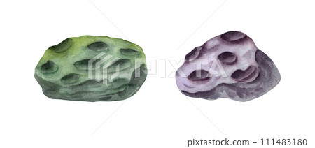 Two stones with small craters. Green and violet polyps or volcanos. Meteorite, asteroid. Watercolor illustration. For clipart, aquarium design, cosmos posters, design. Two stones with small craters. Green and violet polyps or volcanos. Meteorite, asteroid. Watercolor illustration. For clipart, aquarium design, cosmos posters, design. 111483180