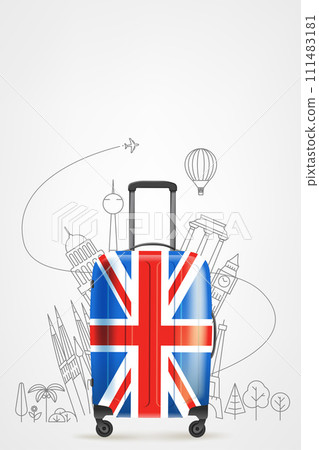 Color plastic travel bag with Great Britain flag and famous world sights. 3d vector illustration with copy space Color plastic travel bag with Great Britain flag and famous world sights. 3d vector illustration with copy space 111483181