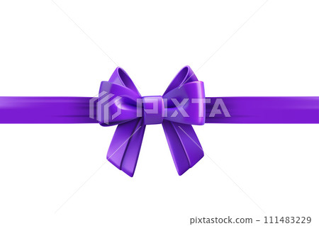 Violet ribbon with bow isolated on white background. Design trmplate. 3d vector illustration 111483229
