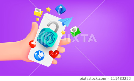 Man holding smartphone with social media app icons. Safety concept. 3d banner with copy space Man holding smartphone with social media app icons. Safety concept. 3d banner with copy space 111483233
