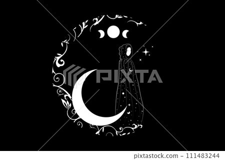 Witch in a black cape, Mystical priestess in a magical cloak with head hood on the white crescent moon. Triple goddess, wiccan woman, concept of esoteric magic sacred female in boho stile, isolated  111483244