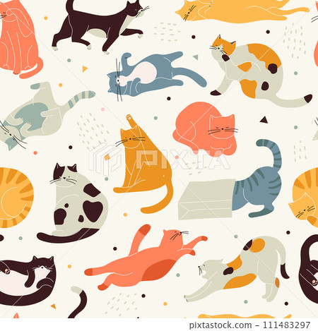 Cats pattern. Domestic animals kitten background recent vector seamless pattern for textile design projects Cats pattern. Domestic animals kitten background recent vector seamless pattern for textile design projects 111483297