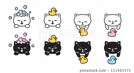 cat vector shower icon kitten soap bubble rubber duck calico neko pet cartoon character symbol sticker illustration clip art isolated design 111483372
